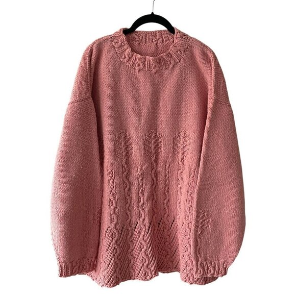 Handmade Knit Cable Knit Oversized Casual Pullover Crew Neck Sweater Pink XL - Picture 1 of 7